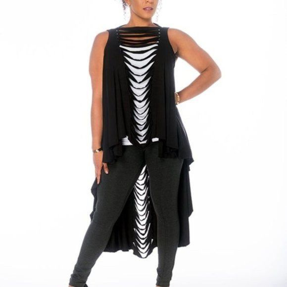 Black Stretch Knit Long Slit Detailed Convertible Shawl - Picture 4 of 7